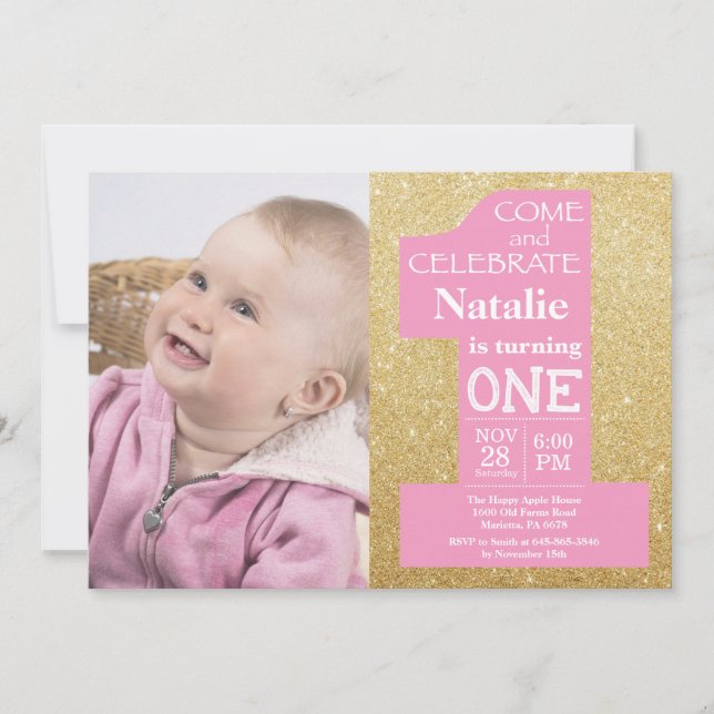 Invitation 1er anniversaire Parties scintillant or et photo r (Devant)