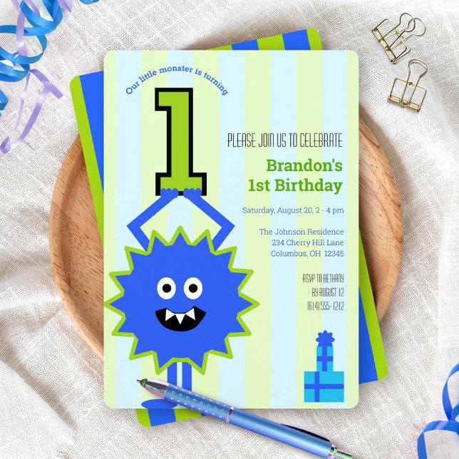 Invitation 1er Anniversaire Petit Monstre Garçon Bleu Grandes (Créateur téléchargé)