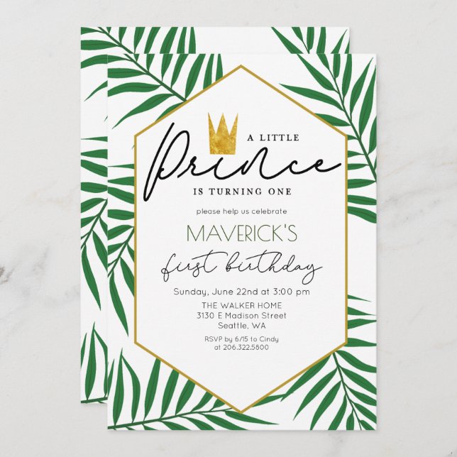 Invitation 1er Anniversaire Petite Prince Crown Leaf Invitati (Devant / Derrière)