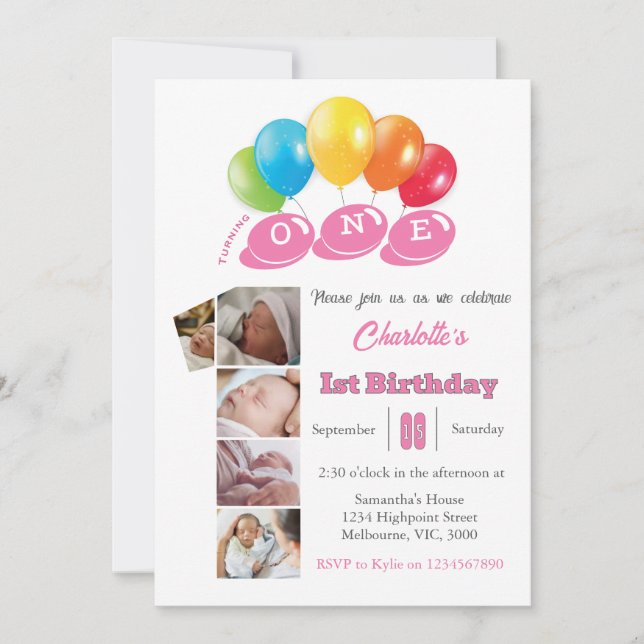 Invitation 1er anniversaire photo collage numéro 1 Fille (Devant)