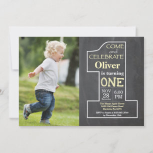 Invitation 1er anniversaire Photo tableau noir jaune