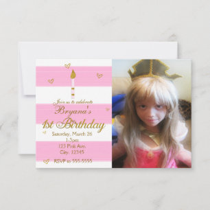 Invitation 1ER ANNIVERSAIRE Pink White & Gold Photo Invitatio