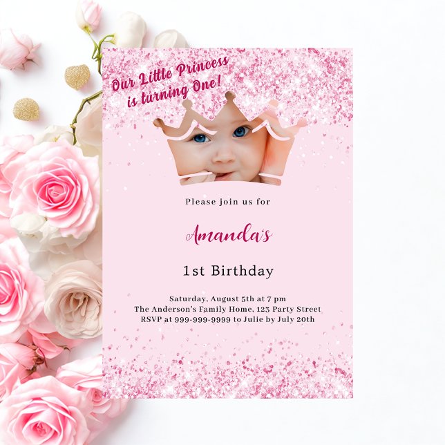 Invitation 1er anniversaire Princesse photo couronne rose (Créateur téléchargé)