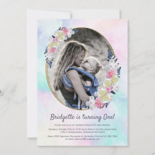 Invitation 1er anniversaire Printemps rose bleu floral fille 