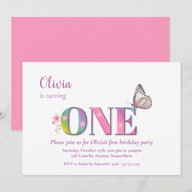 Invitation 1er Anniversaire Rose Arc-en-ciel Fleurs et Pièce  (Devant / Derrière)