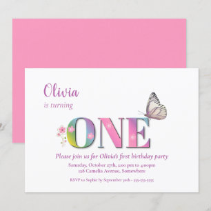 Invitation 1er Anniversaire Rose Arc-en-ciel Fleurs et Pièce 