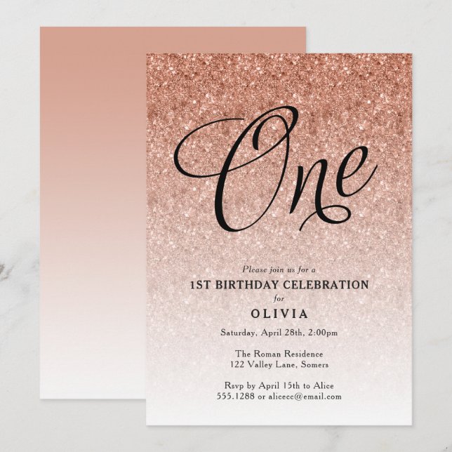 Invitation 1er anniversaire Rose Gold Ombre Parties scintilla (Devant / Derrière)