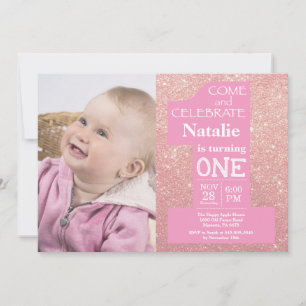 Invitation 1er Anniversaire Rose Gold Paillettes et Photo Ros