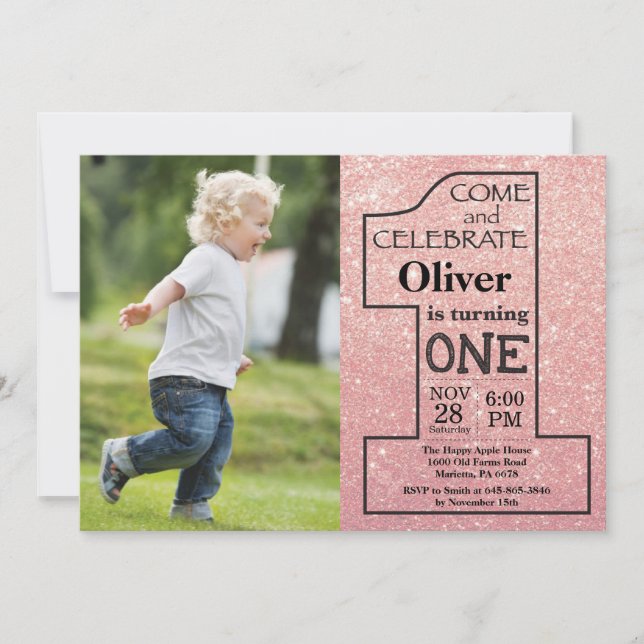 Invitation 1er anniversaire Rose Gold Pink Parties scintillan (Devant)