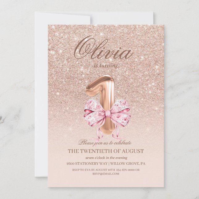 Invitation 1er anniversaire Rose rose or Bow fête d'anniversa (Devant)