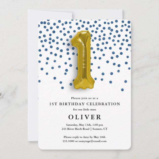 Invitation 1er anniversaire Royal Blue Confetti et Gold Ballo (Devant)