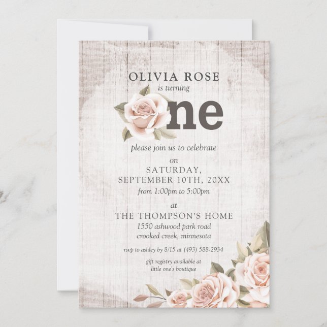 Invitation 1er anniversaire Rustic Wood Shabby Chic Rose Flor (Devant)