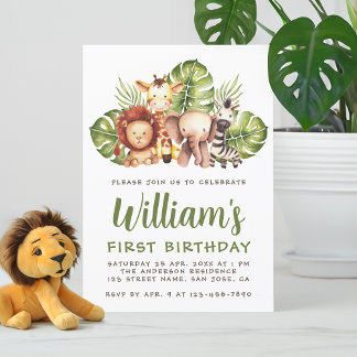 Invitation 1er anniversaire Safari Animaux mignons Jungle sau