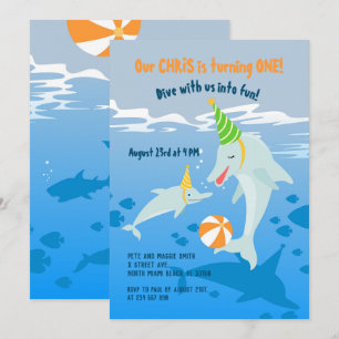 Invitation 1er anniversaire sous la mer dauphins garçon fête 