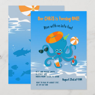 Invitation 1er anniversaire sous la mer poulpe garçon fête