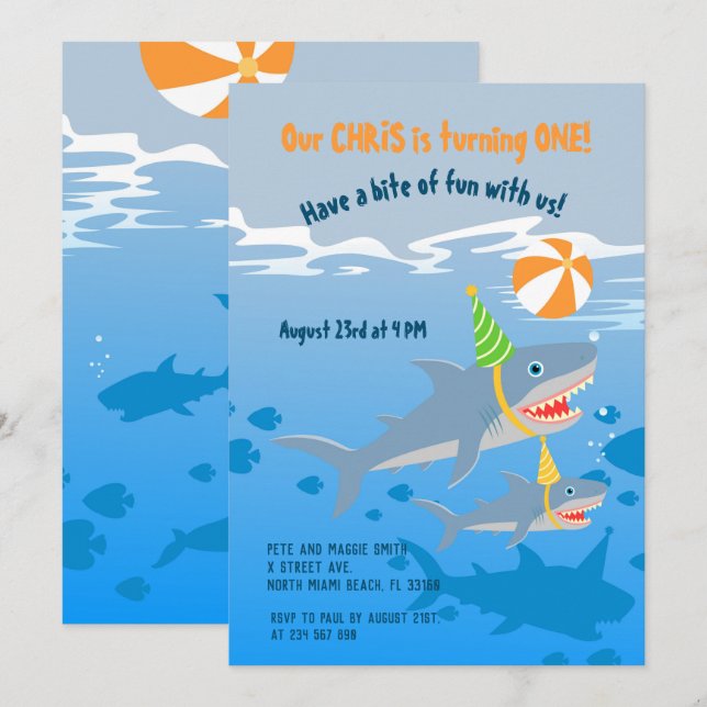 Invitation 1er anniversaire sous la mer requin baleine garçon (Devant / Derrière)