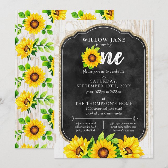 Invitation 1er anniversaire Sunflower & rustique Bois ferme (Devant / Derrière)
