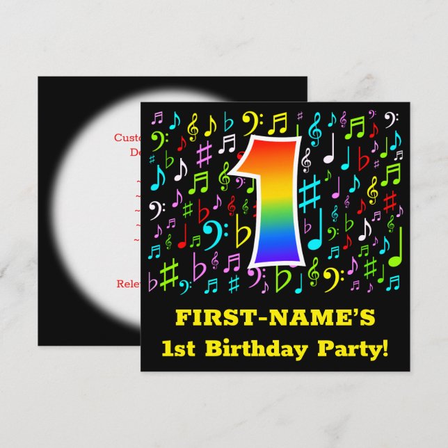 Invitation 1er anniversaire : Symboles de musique amusante, R (Devant / Derrière)