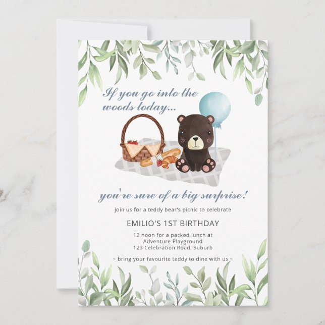 Invitation 1er anniversaire Teddy Bear Pique-nique Blue Green (Devant)