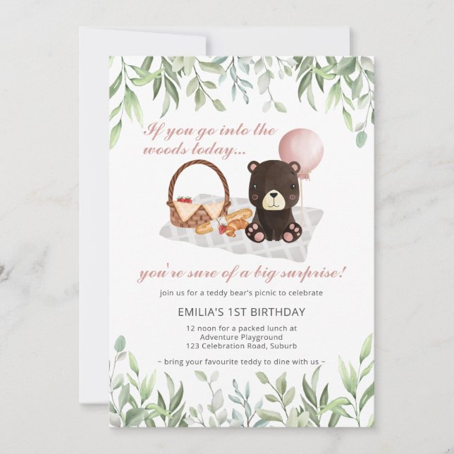 Invitation 1er anniversaire Teddy Bear Pique-nique Pink Green (Devant)