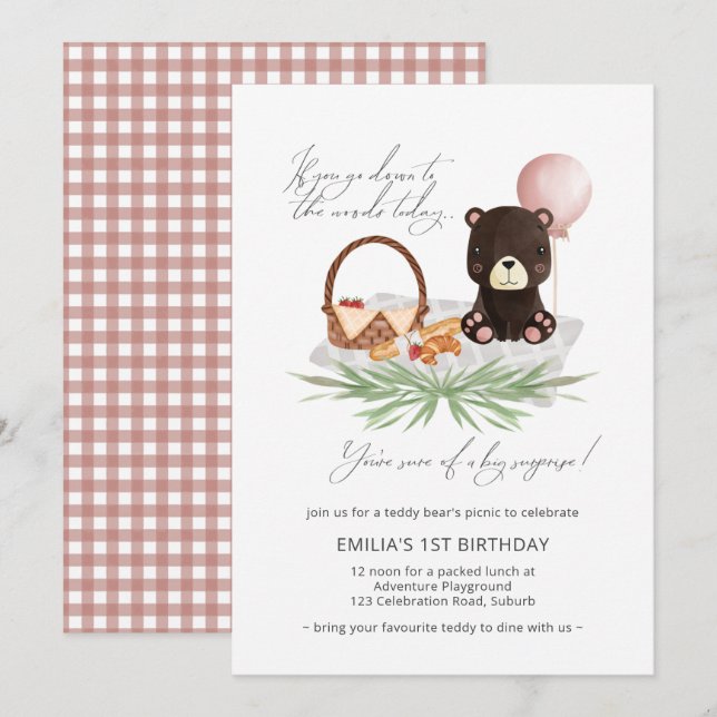 Invitation 1er anniversaire Teddy Bear Pique-nique rose vérif (Devant / Derrière)