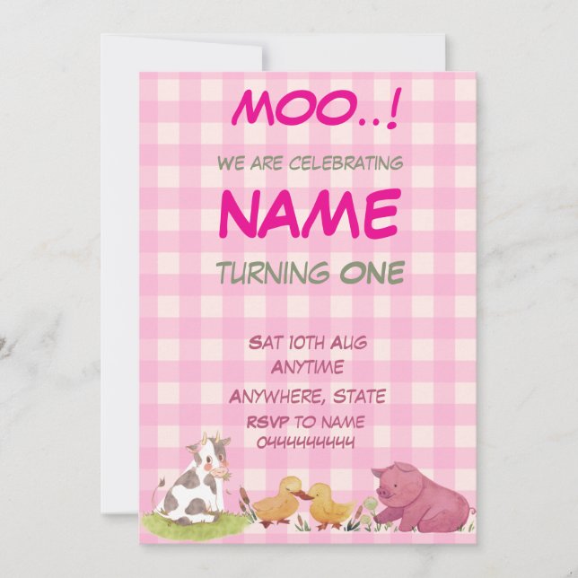 Invitation 1er anniversaire thème fille ferme (Devant)