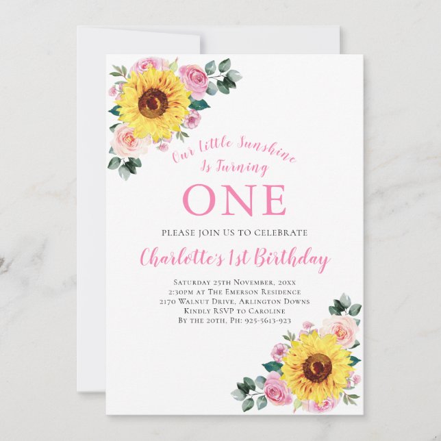 Invitation 1er anniversaire tournesol rose floral un (Devant)