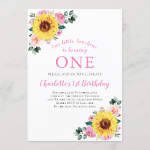 Invitation 1er anniversaire tournesol rose floral un