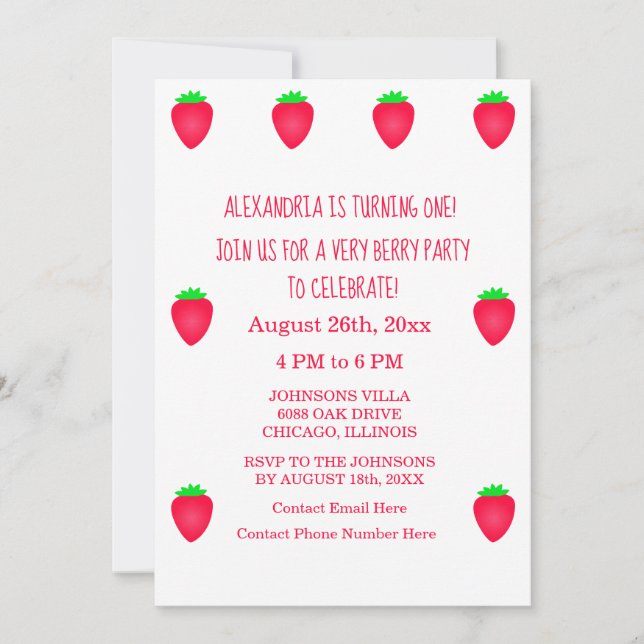 Invitation 1er Anniversaire Très Berry mignonne Fille Fraise (Devant)