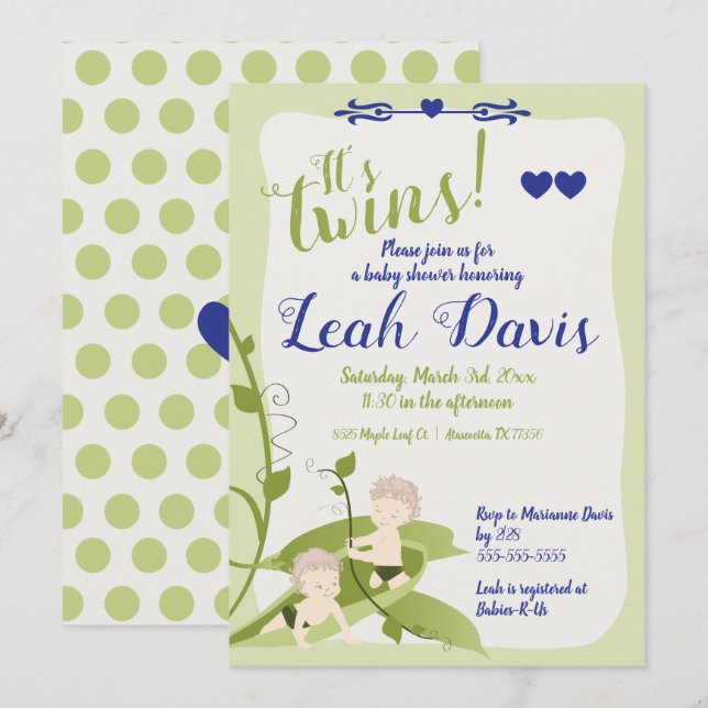 Invitation 1er anniversaire, Twins Baby shower Sweet Peas Boy (Devant / Derrière)