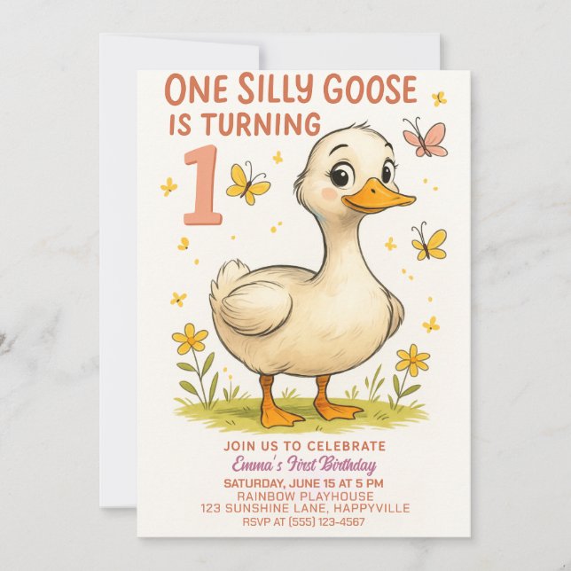 Invitation 1er Anniversaire Une oie sotte pour bébé fille (Devant)