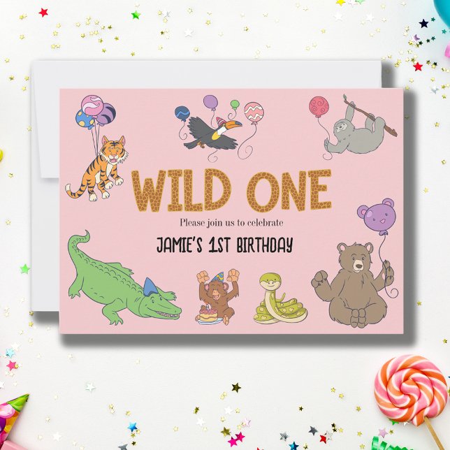Invitation 1er anniversaire Wild One Jungle Safari Animaux (Wild one 1st birthday pink safari jungle birthday invitation.)