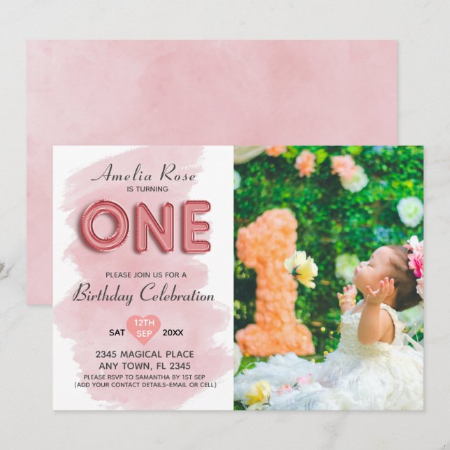 Invitation 1ère Anniversaire Photo Fille Pink Typographie Bal (Devant / Derrière)