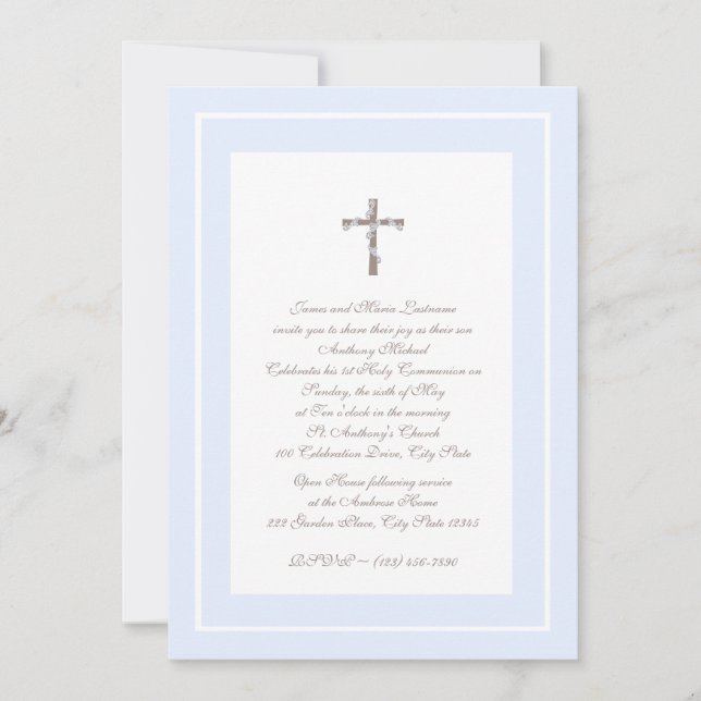 Invitation 1ère communion bleu doux et Brown (Devant)
