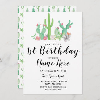 Invitation 1ère fête d'anniversaire aquarelle Cactus Cactus U