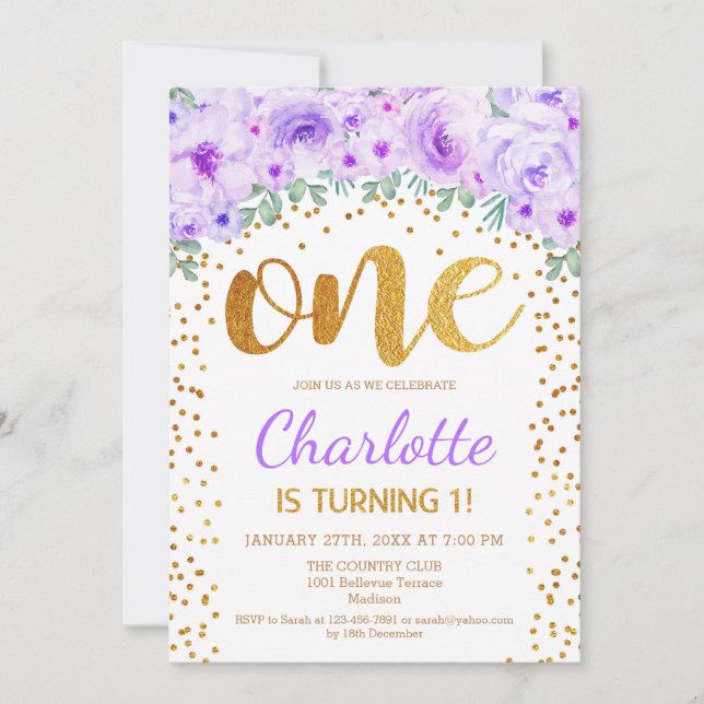Invitation 1ère fête d'anniversaire - Blanc Gold Purple (Devant)