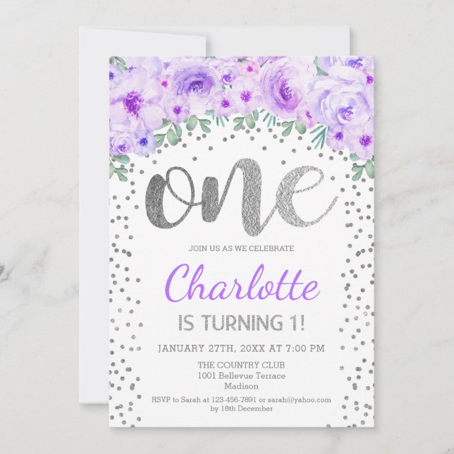 Invitation 1ère fête d'anniversaire - Blanc Silver violet (Devant)