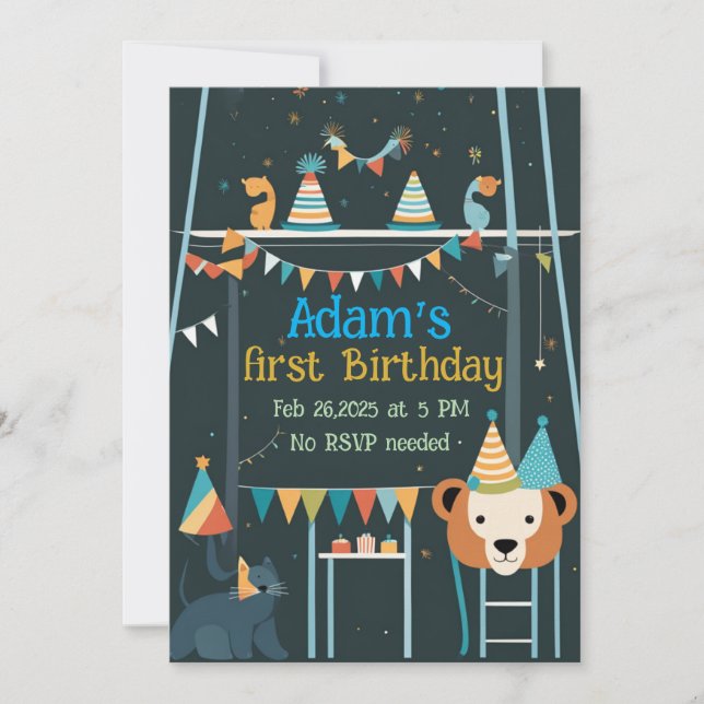 Invitation 1ère fête d'anniversaire Célébration d'animaux lun (Devant)