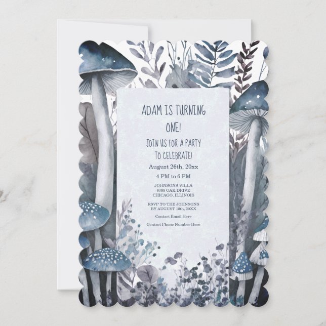 Invitation 1ère fête d'anniversaire Champignons bleus Boho Wo (Devant)