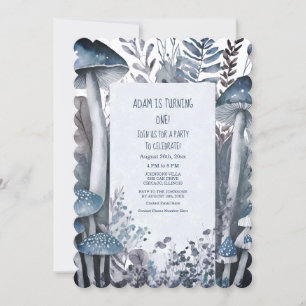 Invitation 1ère fête d'anniversaire Champignons bleus Boho Wo