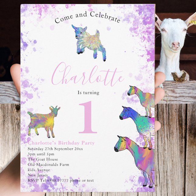 Invitation 1ère fête d'anniversaire Cute Chèvres Ferme Animau (Cute goats farm animal art watercolor 1st birthday party invitation pink purple blue and green)