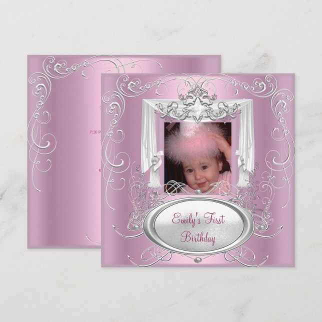 Invitation 1ère fête d'anniversaire fille rose argent étoile (Devant / Derrière)