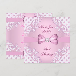 Invitation 1ère fête d'anniversaire fille rose blanc Polka po