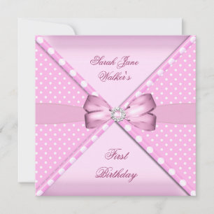 Invitation 1ère fête d'anniversaire fille rose blanc Polka po