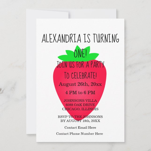 Invitation 1ère fête d'anniversaire fraise rouge blanc person (Devant)