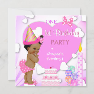 Invitation 1ère fête d'anniversaire Pink ethnie afro-américai