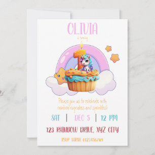 Invitation 1ère fête d'anniversaire Rainbow Unicorn Cupcake