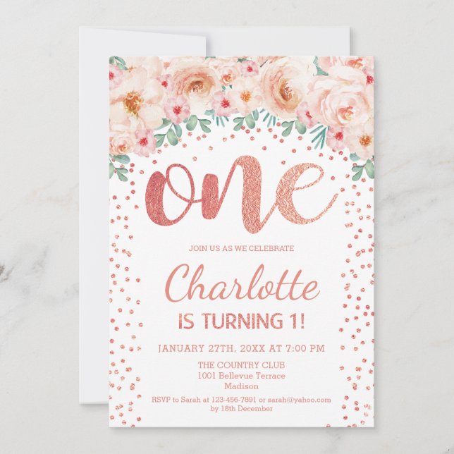 Invitation 1ère fête d'anniversaire - Rose blanche or (Devant)