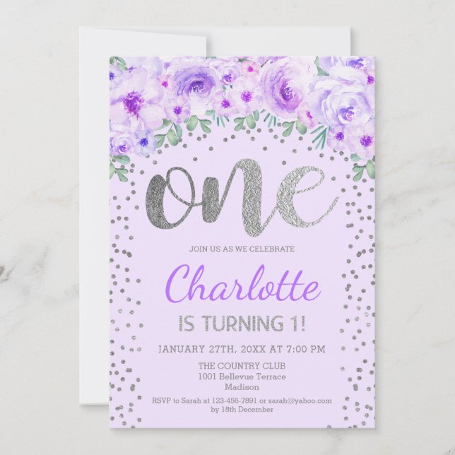 Invitation 1ère fête d'anniversaire - Silver Purple (Devant)