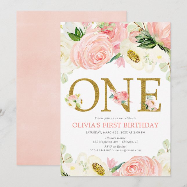 Invitation 1ère fille d'anniversaire, blush rose or floral él (Devant / Derrière)